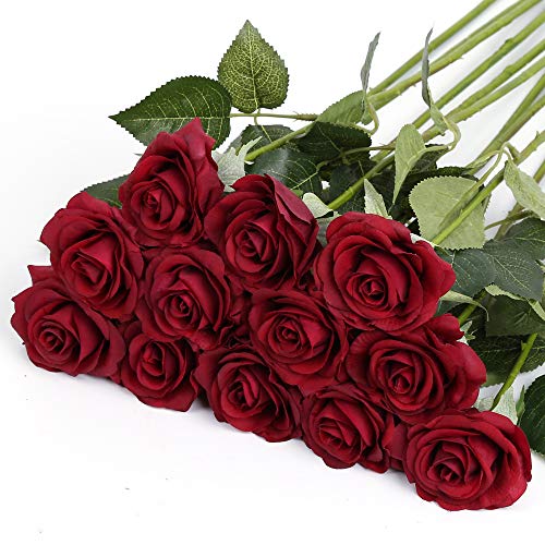 IPOPU Künstliche Blumen zur Dekoration, Einzelstiel-Seidenrosen für Hochzeit, Party, Zuhause, Kuchendekoration, künstliche Rosen mit Stiel (dunkelrot) von IPOPU
