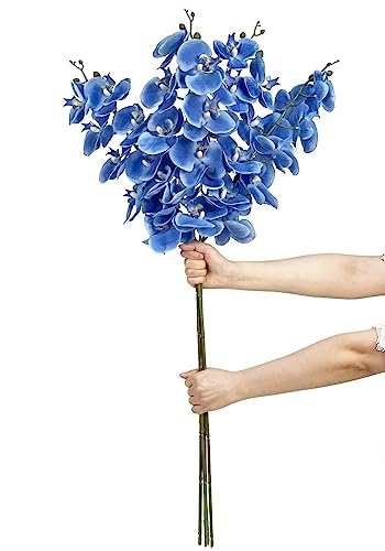 IPOPU Künstliche Orchideen, 92 cm, 4 Stück, künstliche Orchideen, Latex, Seide, fühlen sich echt an, langer Stiel, künstliche Blumen für hohe Vase für Hochzeit, Zuhause, Party-Dekoration (blau) von IPOPU