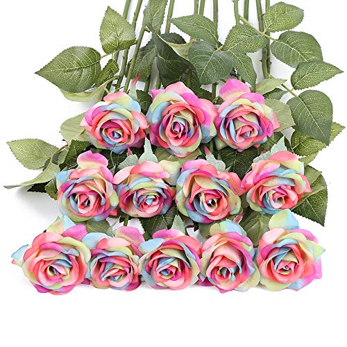 IPOPU Künstliche Rosen, fühlen Sich echt an, Regenbogen-Blumen, künstliche Blumen für Blumenarrangements, Seidenblumen mit einzelnem Stiel, Zuhause, Hochzeit, Party, Garten, Brautschmuck (Regenbogen) von IPOPU
