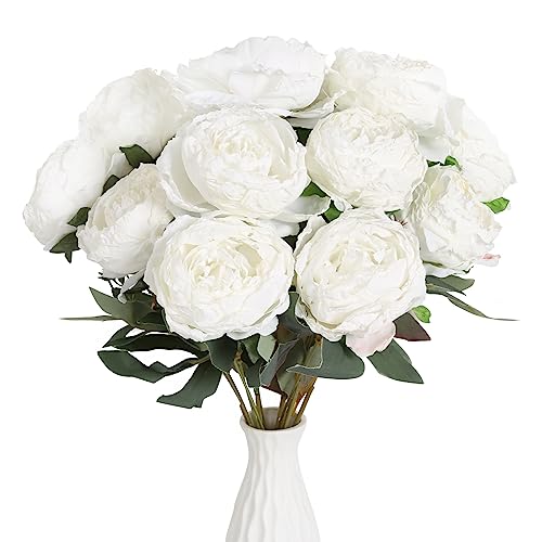 IPOPU Weiße Pfingstrosen, künstliche Blumen, 2 Blumensträuße, 14 Köpfe, Vintage, künstliche Pfingstrosen aus Seide, Pfingstrosen mit Stiel für Hochzeit, Brautstrauß, Blumenarrangement (weiß) von IPOPU