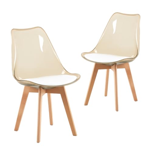 IPOTIUS 2er Set Esszimmerstühle Skandinavisch mit Brauner Transparenter Rückenlehne - Küchenstühle mit Massivholz Buchenholzbeinen und Weißem Lederpolster von IPOTIUS