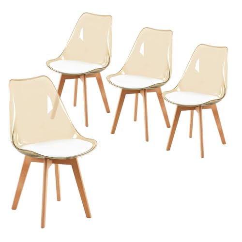 IPOTIUS 4er Set Esszimmerstühle Skandinavisch mit Brauner Transparenter Rückenlehne - Küchenstühle mit Massivholz Buchenholzbeinen und Weißem Lederpolster von IPOTIUS