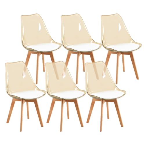 IPOTIUS 6er Set Esszimmerstühle Skandinavisch mit Brauner Transparenter Rückenlehne - Küchenstühle mit Massivholz Buchenholzbeinen und Weißem Lederpolster von IPOTIUS