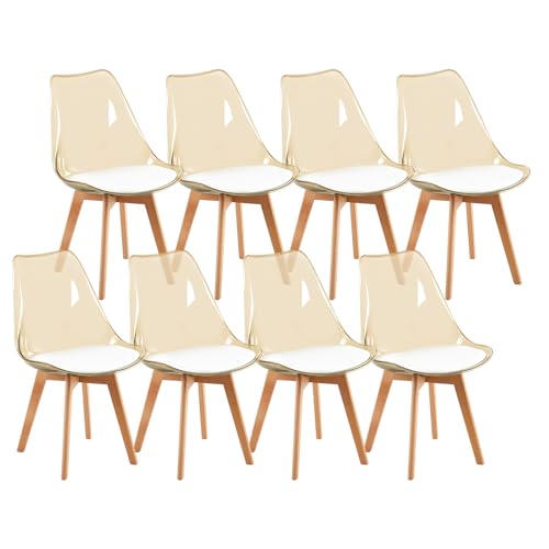 IPOTIUS 8er Set Esszimmerstühle Skandinavisch mit Brauner Transparenter Rückenlehne - Küchenstühle mit Massivholz Buchenholzbeinen und Weißem Lederpolster von IPOTIUS