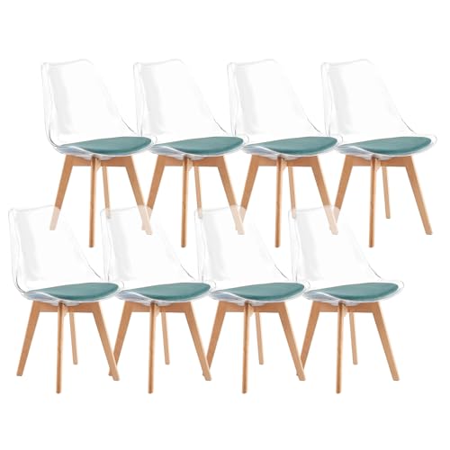 IPOTIUS 8er Set Esszimmerstühle Skandinavisch mit Transparent Rückenlehne - Küchenstühle mit Massivholz Buchenholzbeinen und Aquagrün Veloursppolster von IPOTIUS