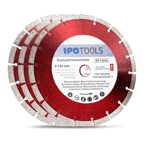 IPOTOOLS 3x Diamanttrennscheibe 230 Diamantscheibe Trennscheibe Trocken und Nassschnitt für Beton, Ziegel, Naturstein, Stein, 10mm Segment, Bohrung 22,23 mm von IPOTOOLS