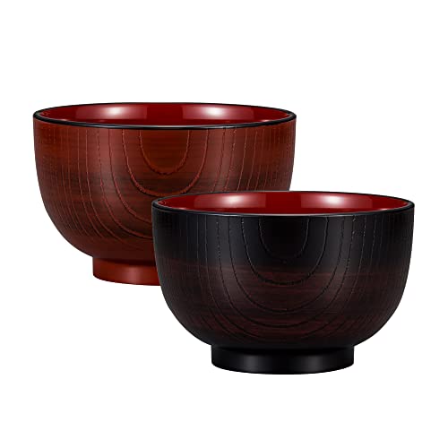 IPPINKA Moderne Lackschale im japanischen Stil für Katsudon, Udon, Soba Nudeln, Holzmaserung, Set aus Rot und Schwarz von IPPINKA