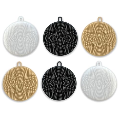 Silikon-Geschirrschwämme, Set mit 6 verschiedenen Farben (Weiß, Grau, Beige) – Küchenschrubber für Geschirr, Obst und Gemüse – Reinigungsbürste – entworfen in Japan von IPPINKA