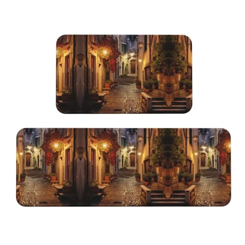 Italienische Küchenmatten mit altem Straßendruck, breite Küchenmatten für Boden, Küche, Bodenmatte, 2 Sets, bequeme Stehmatten, Zuhause von IPPONGET