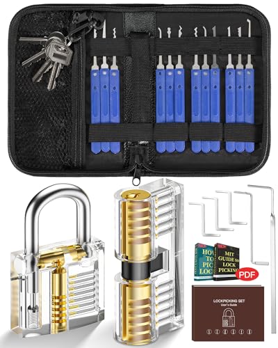 Lockpicking Set, IPSXP 25 Stück Dietrich Set mit 2 Stück Transparent Training Schlössern mit Ledertasche, Extractor Tool für Schlosserei, Anfänger und Profisrleicht von IPSXP