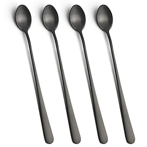 IQCWOOD Eisteelöffel mit langem Griff, 22,9 cm, schwarze Kaffee-Rührstäbchen, Edelstahl-Kaffee-Barlöffel, langer Teelöffel, Cocktaillöffel zum Rühren, 4 Stück von IQCWOOD