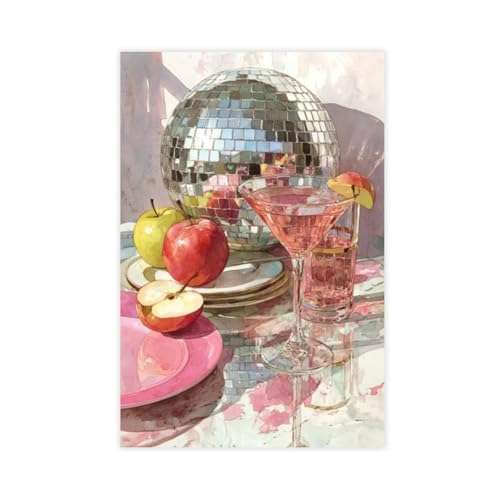 IQTFHGB Retro-Aquarell-Discokugel und Martini-Glas-Leinwand-Poster, Schlafzimmer, Dekoration, Landschaft, Büro, Raumdekoration, Geschenk, 20 x 30 cm von IQTFHGB