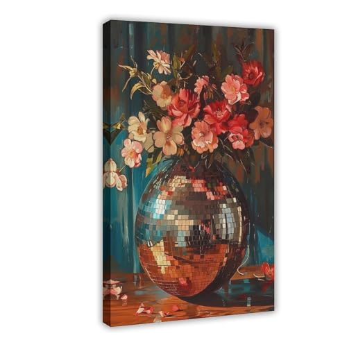 IQTFHGB Retro-Discokugel-Vase, Blumenmalerei, Leinwandposter, Wandkunst, Dekordruck, Bild Gemälde für Wohnzimmer, Schlafzimmer, Dekoration, 20 x 30 cm von IQTFHGB