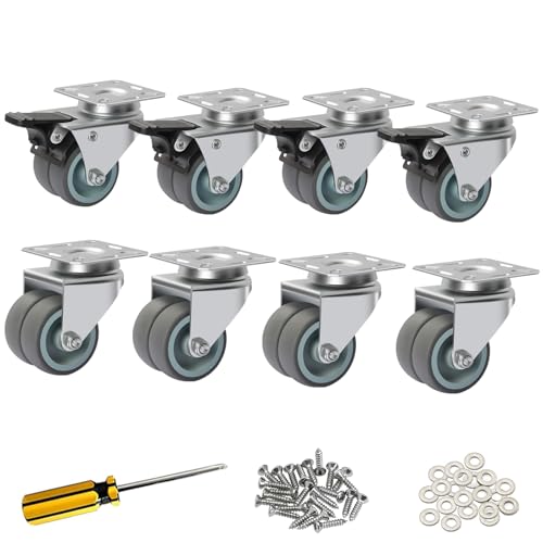 IQWTU Möbelrollen mit Bremse, 8 Stück Doppelrollen Lenkrollen Schwerlast 50mm, Rollen für Möbel mit 360-Grad-Rotation, TPR Transportroller Schwerlastrollen bis 100kg pro Rad(4 mit Bremsen und 4 ohne) von IQWTU