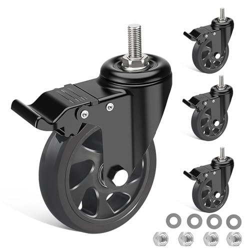 IQWTU Robuste 125 mm Lenkrolle mit Bremse, Möbelrollen mit M10 x 30 mm Schraubvorbau, PU-Rollen mit Schrauben und Muttern, 4 Drehgelenkrollen mit Gewinde, 360° drehbar bis zu 700 kg von IQWTU