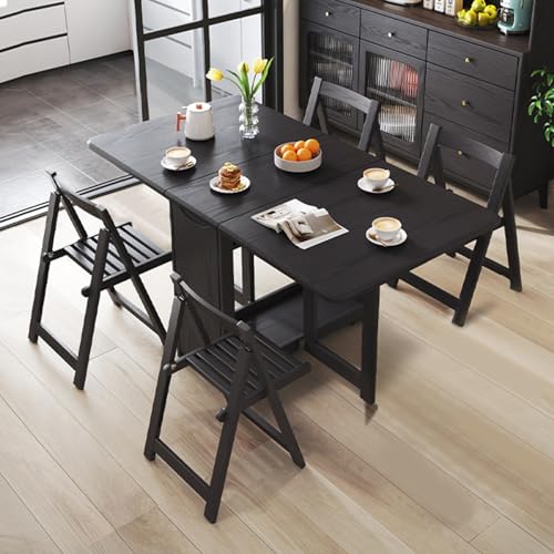 Folding Dining Table Set, Extendable Drop Leaf Solid Wood Table with Foldable Chairs, Drawers & Wheels, Space-Saving Design for Kitchen Dining Living Room Small Spaces(Black+4 Chairs,140CM/55IN) von IRHIGBGX