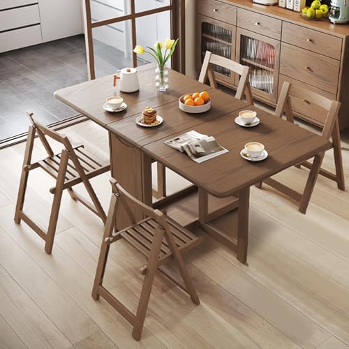 Folding Dining Table Set, Extendable Drop Leaf Solid Wood Table with Foldable Chairs, Drawers & Wheels, Space-Saving Design for Kitchen Dining Living Room Small Spaces(Walnut+4 Chairs,140CM/55IN) von IRHIGBGX