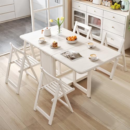 IRHIGBGX Folding Dining Table Set, Extendable Drop Leaf Solid Wood Table with Foldable Chairs, Drawers & Wheels, Space-Saving Design for Kitchen Dining Living Room Small Spaces(Wit,170CM/67IN) von IRHIGBGX