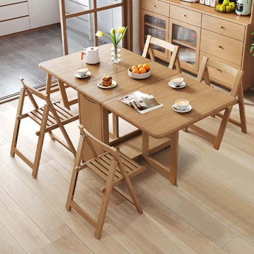 IRHIGBGX Folding Dining Table Set, Extendable Drop Leaf Solid Wood Table with Foldable Chairs, Drawers & Wheels, Space-Saving Design for Kitchen Dining Living Room Small Spaces(Wood,170CM/67IN) von IRHIGBGX