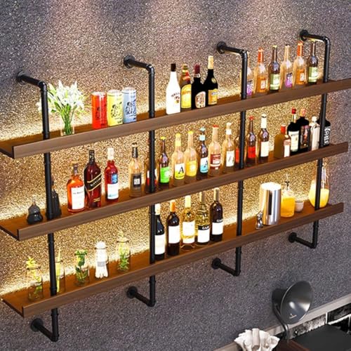 Modernes Weinregal zur Wandmontage, großes industrielles Weinregal mit LED-Licht mit Weinglashalter, Eisenbar, Likör, Whiskey, Flaschenregal für Zuhause, Restaurant, Bar, Dekoration (180 cm/70,8 Zoll) von IRHIGBGX
