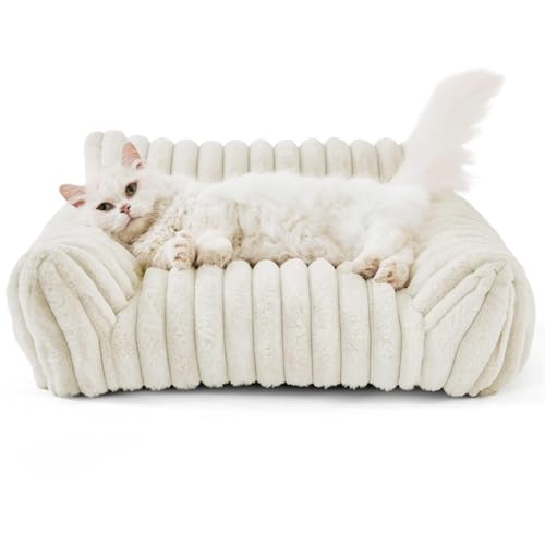 IRIRI Weiches Fleece-Haustierbett for Katzen und Hunde, Ganzjahres-Universal-Katzensofa mit Gerippter Wellenstruktur, Abnehmbar und Waschbar, Bequeme Haustiercouch(Weiß,S) von IRIRI