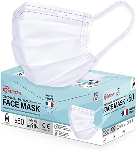 Iris Ohyama, 50 Stück chirurgische Einwegmasken Typ IIR Made in France, Größe M, 3-lagig, BFE 98%, spritzwassergeschützt, reizarme Elastikbänder - Protective Mask PN - Weiß von Iris Ohyama