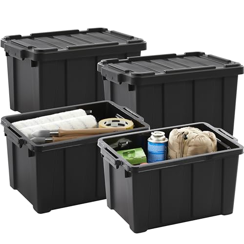 Iris Ohyama, Kunststoff-Aufbewahrungsbox, 21 l Garagen-Aufbewahrungsbox, 4er-Set, BPA-frei, DDSKT-210, Schwarz, stapelbar, Verschlussklammern – B44,5 x T29 x H25 cm von IRIS OHYAMA