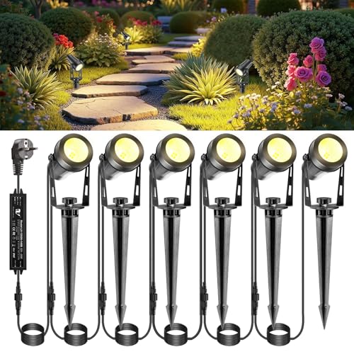 IRISECO Gartenbeleuchtung mit Strom, 6er Gartenstrahler mit Erdspieß, 3W Gartenleuchte Warmweiß IP65 Wasserdicht für Rasen, Haus, Hof, Baum, Hinterhof, Terrasse (1800LM) von IRISECO