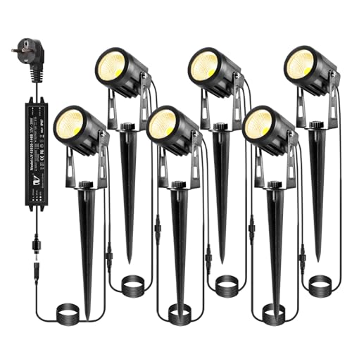 IRISECO Gartenbeleuchtung mit Strom, 6er 21m Gartenleuchte mit Erdspieß und Stecker, IP65 Wasserdicht Gartenstrahler Led Außen, Gartenstrahler Warmweiß COB Gartenlampe für Rasen, Haus, Hof von IRISECO
