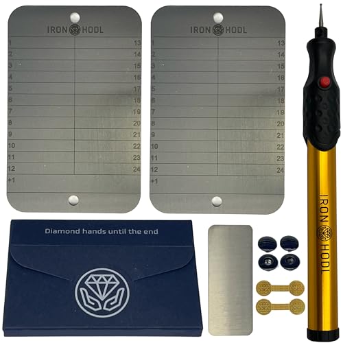IRON HODL Steel Wallet + Gravierstift gold + Testplatte, Schrauben, Sticker, Box - (2x 24+1) Recovery Seed Phrase Metallplatte Crypto Wallet Bitcoin Wallet Crypto Cold Wallet Crypto Ledger gold von IRON HODL
