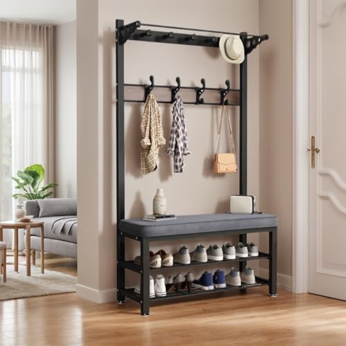 IRON JF Garderobenständer mit schuhablage garderobe mit schuhschrank Metallrahmen, mit Schwammkissen, 2-lagiges Schuhregal Garderobenständer mit Sitzbank for Flur und Schlafzimmer(Black,100cm) von IRON JF