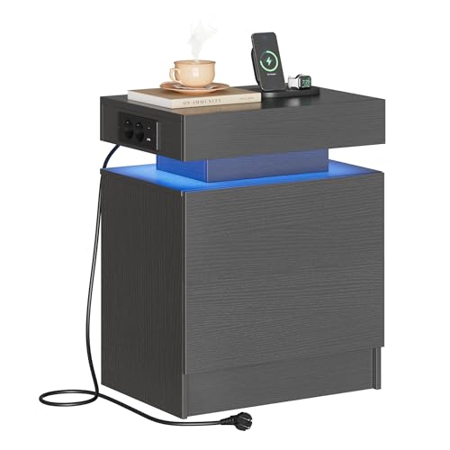 IRONCK Nachttisch Grau mit LED-Licht & Ladefunktion, Beistelltisch mit USB+Typ-C Anschlussen, Nachtschrank mit 2 Schubladen, Sofatisch für Schlafzimmer, Wohnzimmer, 35 x 48 x 60 cm von IRONCK