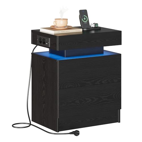 IRONCK Nachttisch Schwarz mit LED-Licht & Ladefunktion, Beistelltisch mit USB+Typ-C Anschlussen, Nachtschrank mit 2 Schubladen, Sofatisch für Schlafzimmer, Wohnzimmer, 35 x 48 x 60 cm von IRONCK