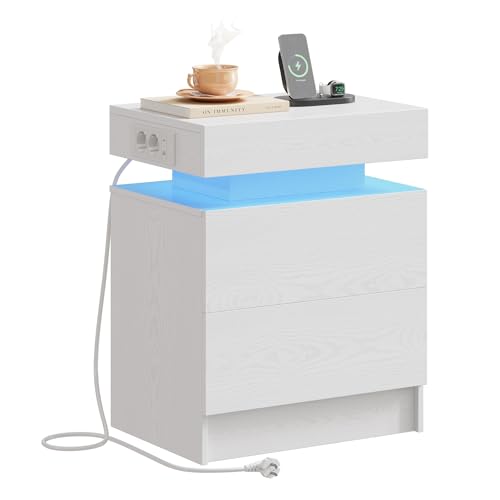 IRONCK Nachttisch Weiß mit LED-Licht & Ladefunktion, Beistelltisch mit USB+Typ-C Anschlussen, Nachtschrank mit 2 Schubladen, Sofatisch für Schlafzimmer, Wohnzimmer, 35 x 48 x 60 cm von IRONCK