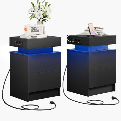 IRONCK Nachttisch 2er Set mit LED-Lichtern & 2 AC-Steckdose, Beistelltisch mit USB+Typ-C Anschlussen, Nachtschrank mit 2 Schubladen, Sofatisch für Schlafzimmer, Wohnzimmer, Schwarz von IRONCK