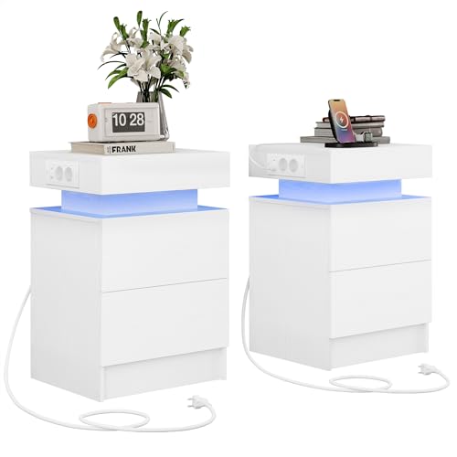 IRONCK Nachttisch 2er Set mit LED-Lichtern & 2 AC-Steckdose, Beistelltisch mit USB+Typ-C Anschlussen, Nachtschrank mit 2 Schubladen, Sofatisch für Schlafzimmer, Wohnzimmer, Weiß von IRONCK