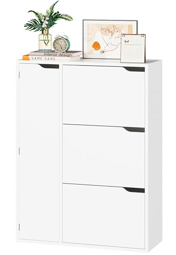 IRONCK Schuhschrank mit 3 Klappen, Schuhkipper Schmal mit Tür, Schuhregal Flur freistehend, Schuhkommode mit verstellbaren Trennwände, Schuhablage Schrank für Eingang Wohnzimmer, 77x30x108cm, Weiß von IRONCK