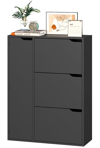 IRONCK Schuhschrank mit 3 Klappen, Schuhkipper Schmal mit Tür, Schuhregal Flur freistehend, Schuhkommode mit verstellbaren Trennwände, Schuhablage Schrank für Eingang Wohnzimmer, 77x30x108cm (Schwarz) IRONCK Schuhschrank mit 3 Klappen, Schuhkipper Schmal mit Tür, Schuhregal Flur freistehend, Schuhkommode mit verstellbaren Trennwände, Schuhablage Schrank für Eingang Wohnzimmer, 77x30x108cm (Schwarz) von IRONCK