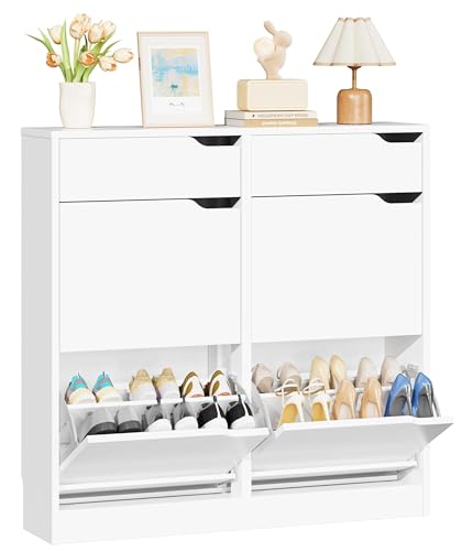 IRONCK Schuhschrank mit 4 Klappen, Schuhkipper Schmal mit 2 Schubladen, freistehendes Schuhregal, Schuhkommode mit verstellbaren Trennwände, Schuhablage Schrank für Flur Eingang und Wohnzimmer (Weiß) IRONCK Schuhschrank mit 4 Klappen, Schuhkipper Schmal mit 2 Schubladen, freistehendes Schuhregal, Schuhkommode mit verstellbaren Trennwände, Schuhablage Schrank für Flur Eingang und Wohnzimmer (Weiß) von IRONCK