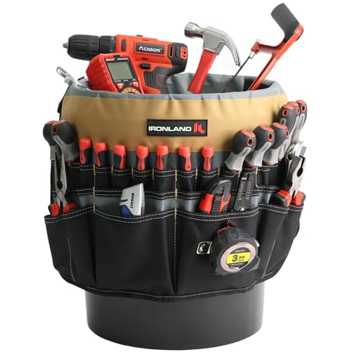 IRONLAND Eimer-Werkzeug-Organizer für 1,9–1,8 l Eimer, 51 Taschen, Eimer-Werkzeug-Caddy für Garten, Bau, Tischler, Elektriker, Bauarbeiter, KAH & Schwarz von IRONLAND