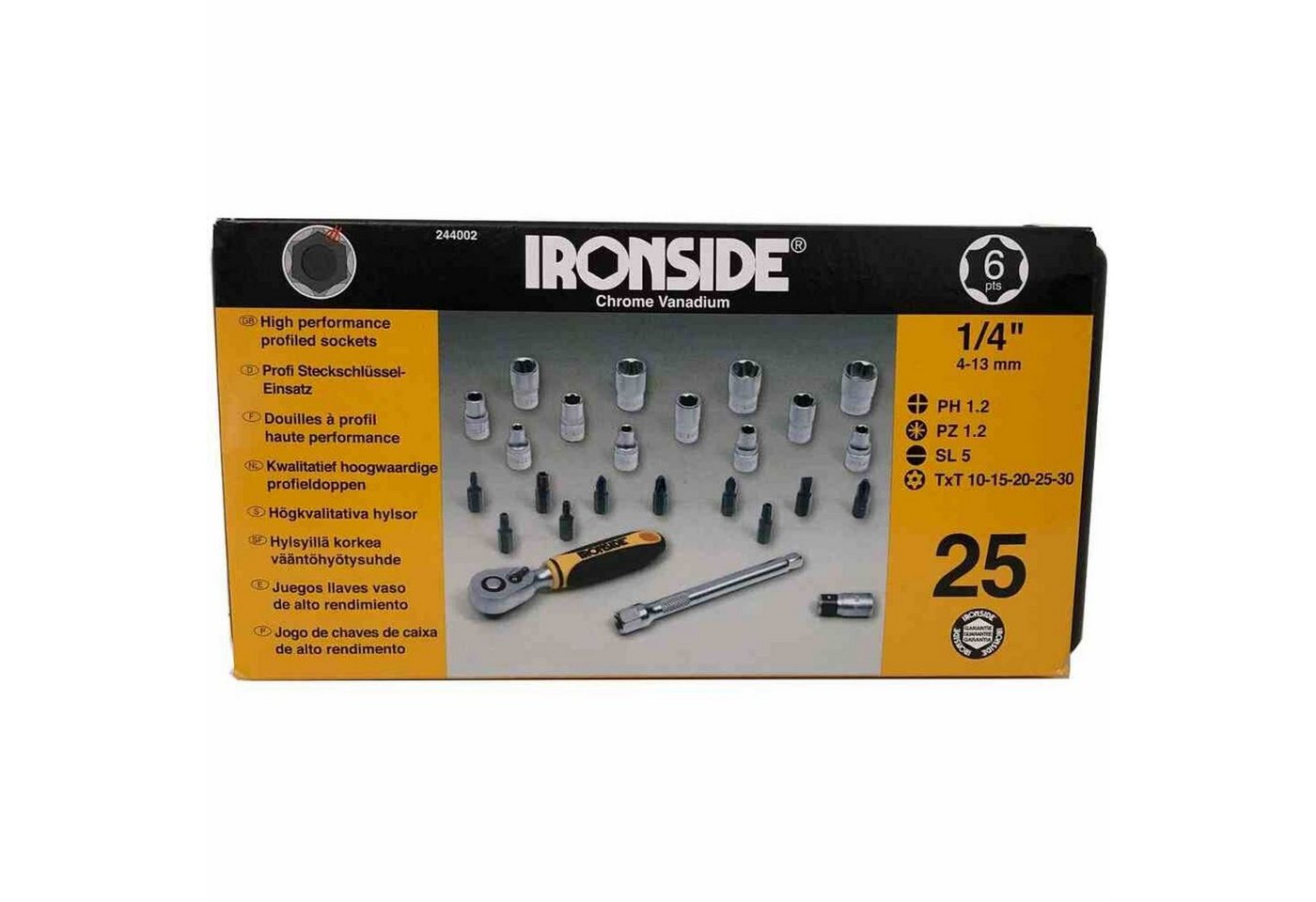 IRONSIDE Steckschlüssel Steckschlüssel + Bitsatz 6,35mm (1/4) 25tlg Schraubenschlüssel TOP von IRONSIDE