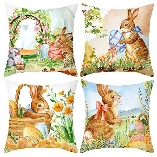 ISAKEN 4 Stück Kissenbezug Ostern Kissenhülle Osterdeko Hase Kissenbezüge Häschen Ostereiern Leinen Kissenhülle Ostern Deko Beige Kissenbezüge Ostern Hase Sofa Kissen Frühling Tischdeko von ISAKEN