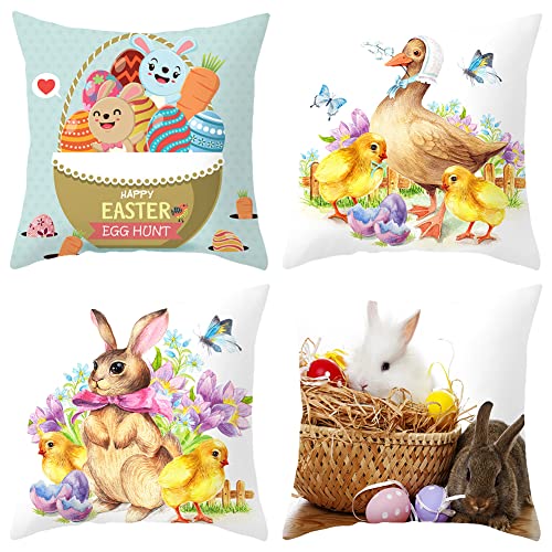 ISAKEN 4 Stück Kissenbezug Ostern Kissenhülle Osterdeko Hase Kissenbezüge Häschen Ostereiern Leinen Kissenhülle Ostern Deko Beige Kissenbezüge Ostern Hase Sofa Kissen Frühling Tischdeko von ISAKEN