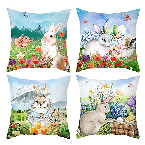 ISAKEN 4 Stück Kissenbezug Ostern Kissenhülle Osterdeko Hase Kissenbezüge Häschen Ostereiern Leinen Kissenhülle Ostern Deko Beige Kissenbezüge Ostern Hase Sofa Kissen Frühling Tischdeko von ISAKEN