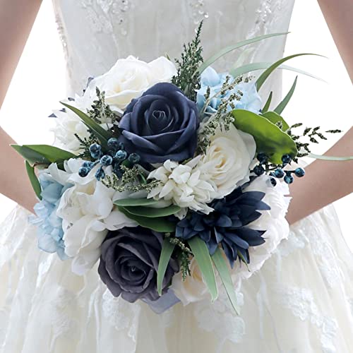 ISAKEN Brautstrauß Künstliche Rosen Blumen Hochzeitssträuße Blauer Gefälschte Rose Brautstrauß, Hochzeitsdekoration Blumensträuße von ISAKEN