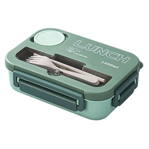 ISAKEN Brotdose mit 4 Fächern und Besteck, 1300ml Auslaufsicher Brotzeitbox Kühlschrank Spülmaschinenfest Mikrowellengeeignet Erwachsene Bento Box Lunch Box Jausenbox für Picknick Arbeit Reisen von ISAKEN