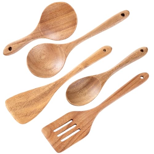 ISAKEN Hochwertige Küchenutensilien, Holz Kochbesteck Set Holzkochlöffel Reisschöpfer Rührlöffel Spatel biegen Salatlöffel für Wandern Camping oder als Geschenk von ISAKEN