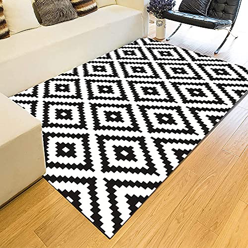 ISAKEN Home Teppich Wohnzimmer Modernes Design Kurzflor Teppich Schwarz Weiß Bodenmatte Geometrisch Rauten Marokkanisch Muster Balkon Terrasse Teppich Indoor&Outdoor Teppich, Grösse: 50cm×80cm von ISAKEN