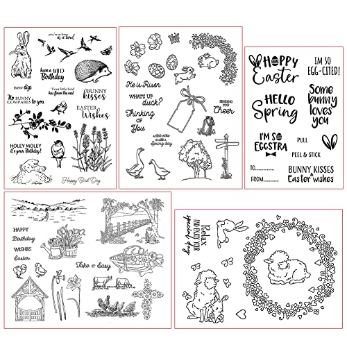 ISAKEN Ostern Klare Stempel, 5 Blätter Clear Stamp Hase Silikonstempel Küken Huhn Blume Wörter Stempel Frühling Clear Stempel Set für DIY Bullet Journal Scrapbooking Fotoalbum Ostern Stempelset von ISAKEN