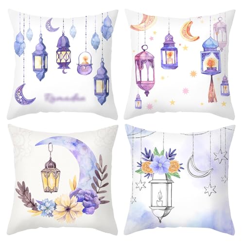 ISAKEN Ramadan Kissenbezüge 4er Set, 45x45cm Mond Laternen Baumwolle Leinen Kissenhülle Eid Ramadan Kissenbezug Dekokissen Wurfkissenbezüge für Ramadan Muslim Islamischen Dekoration von ISAKEN